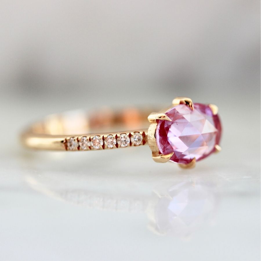
            Duchess Hot Pink Oval Rose Cut Sapphire Ring in Peach Gold
