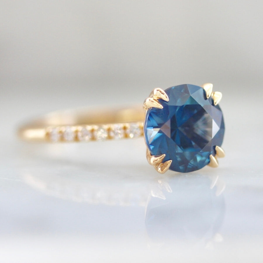 2.60 Carat Capri Blue Sapphire Stella With Pave Shoulders In Peach Gold