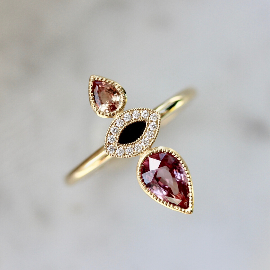 Foxglove Pink Sapphire and Diamond Enamel Ring in Yellow Gold
