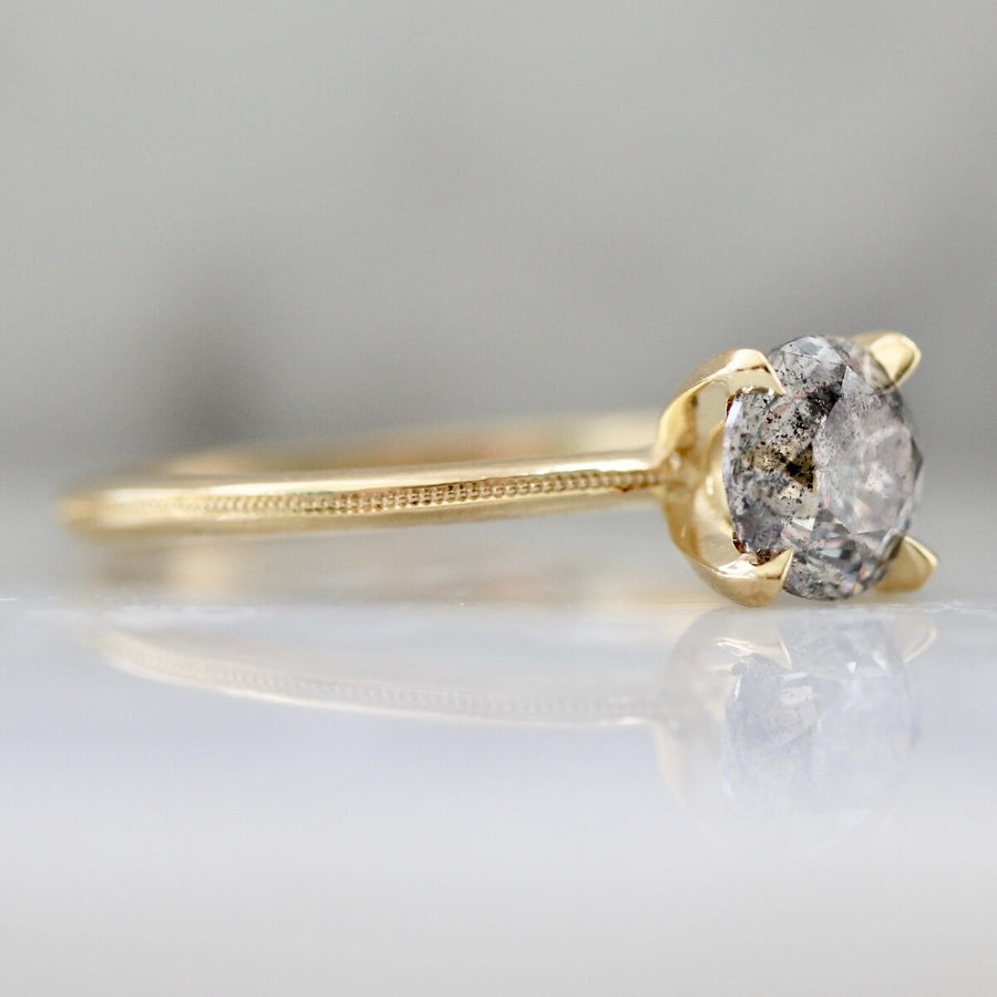 Stella 1.09 Carat Salt & Pepper Round Brilliant Cut Diamond Ring With Milgrain in Yellow Gold