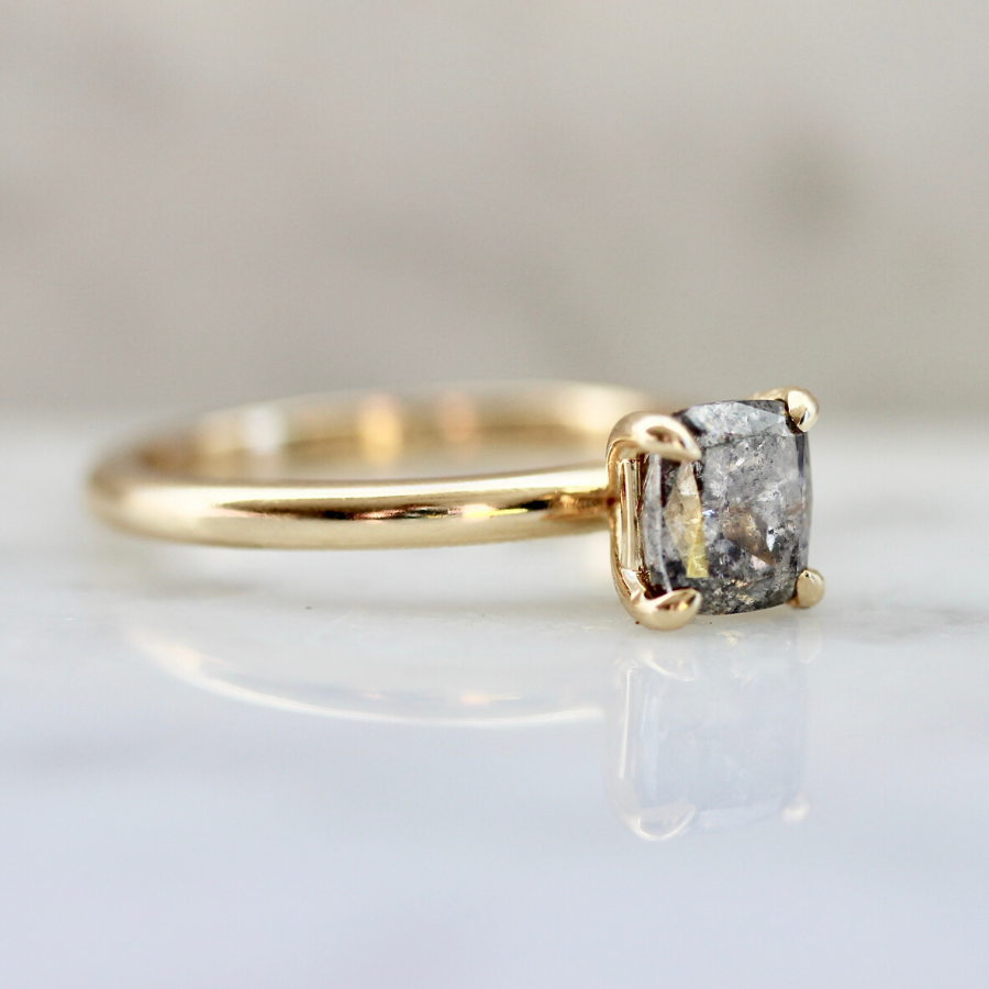 Raven Salt and Pepper Cushion Cut Solitaire Ring in Yellow Gold