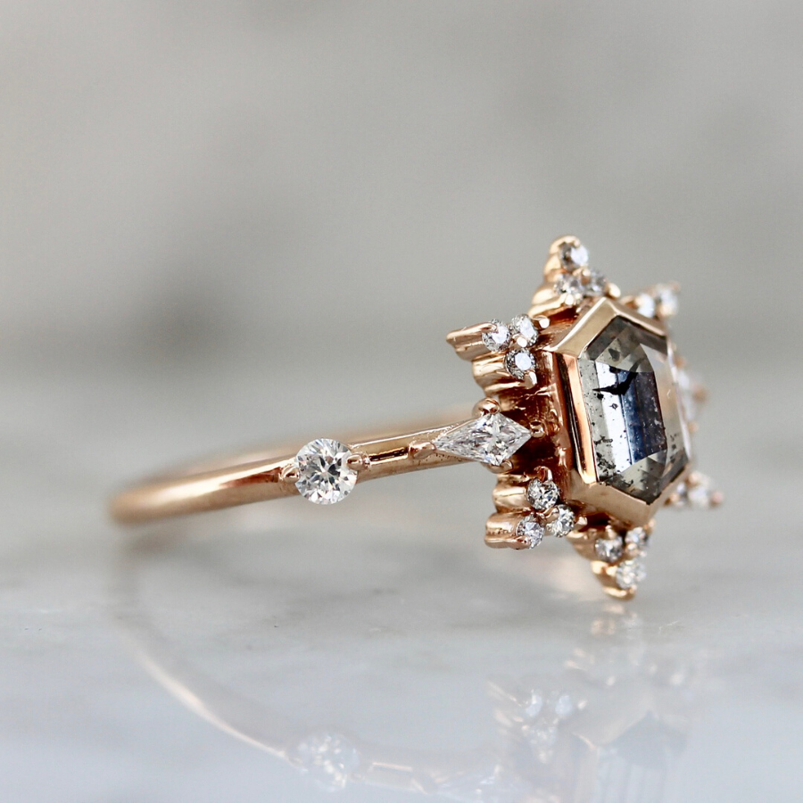 Lumi Salt and Pepper Hexagon Rose Cut Diamond Ring