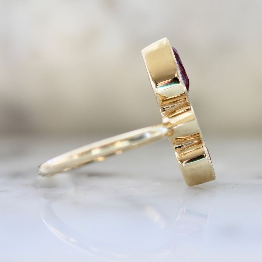 Foxglove Pink Sapphire and Diamond Enamel Ring in Yellow Gold