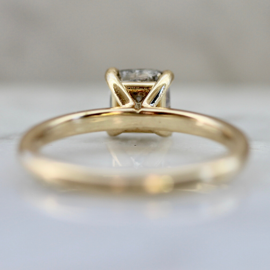 Raven Salt and Pepper Cushion Cut Solitaire Ring in Yellow Gold