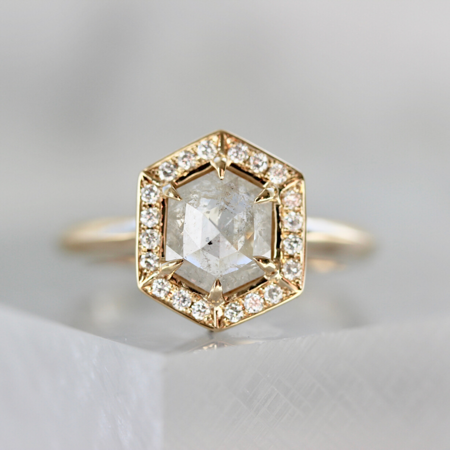 Renata Hexagonal Step Rose Cut Diamond Ring in Yellow Gold