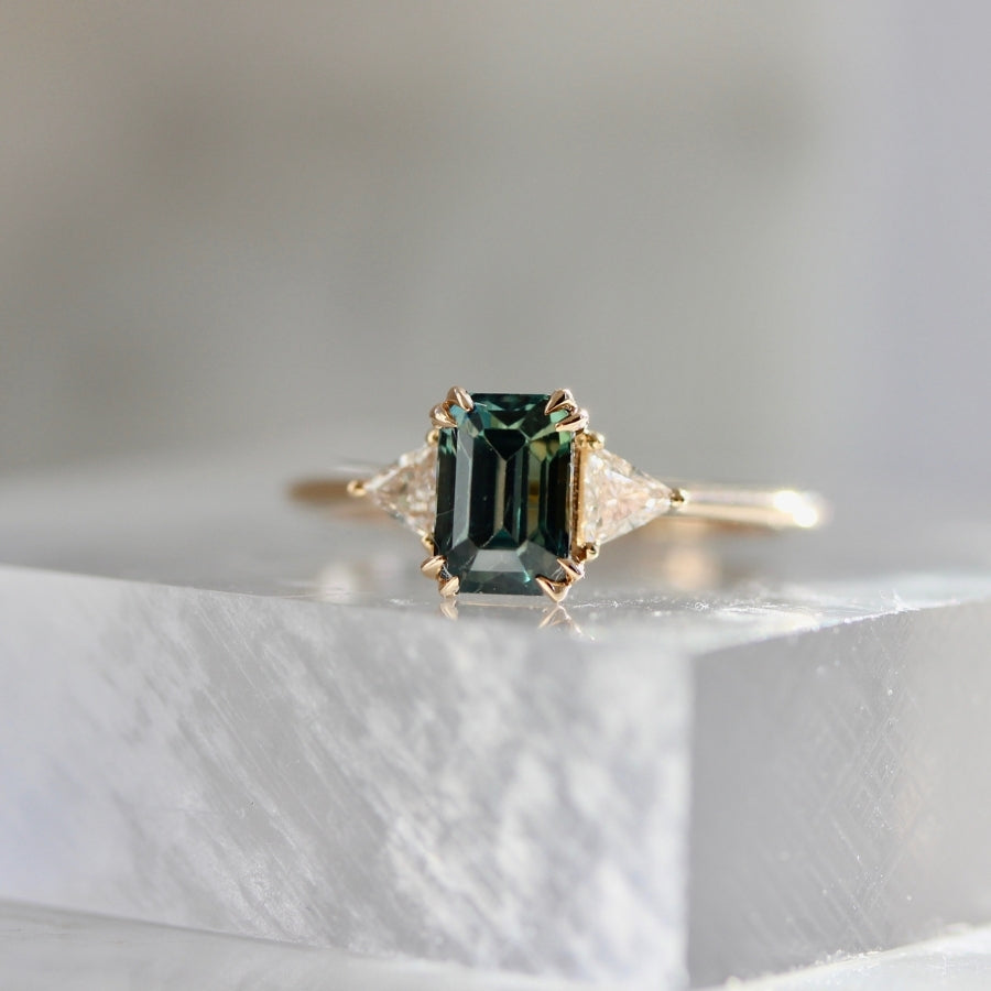 Pavlova Dark Teal Emerald Cut Sapphire & Diamond Ring