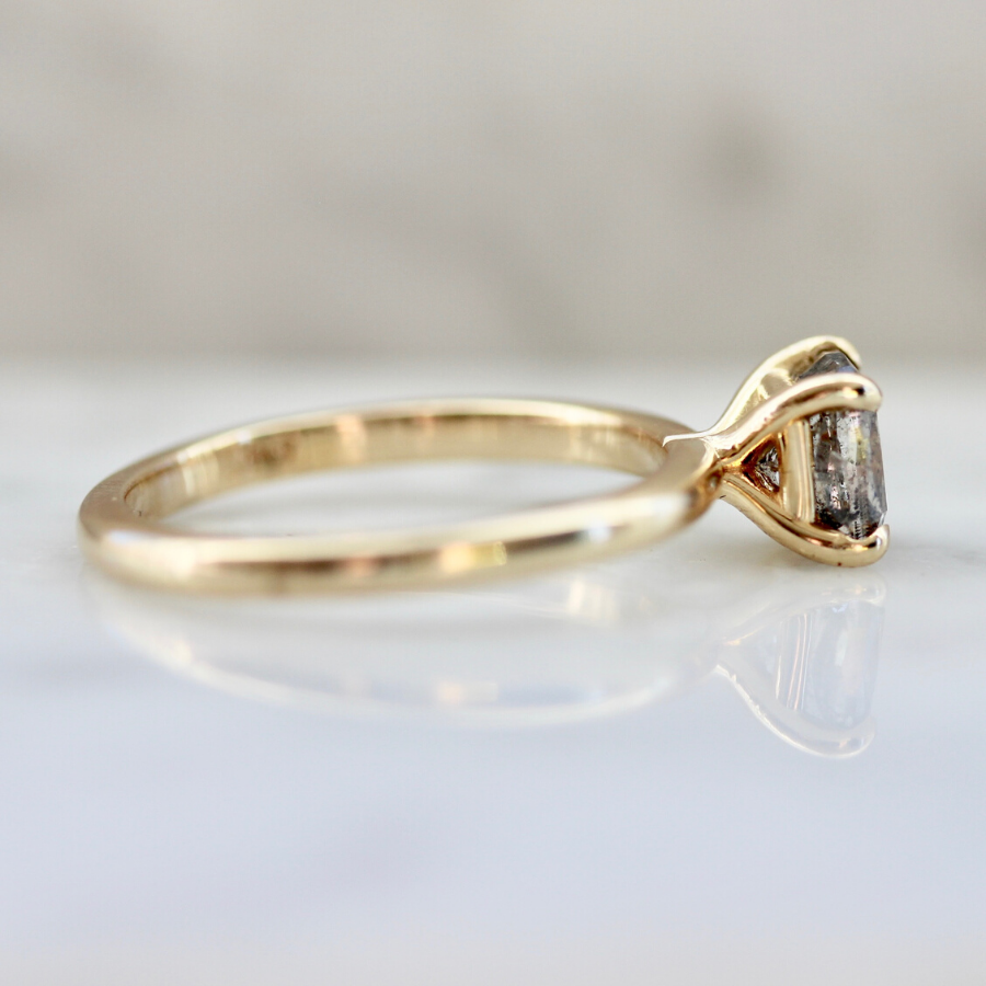 
            Raven Salt and Pepper Cushion Cut Solitaire Ring in Yellow Gold
