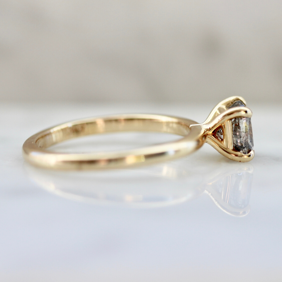 Raven Salt and Pepper Cushion Cut Solitaire Ring in Yellow Gold