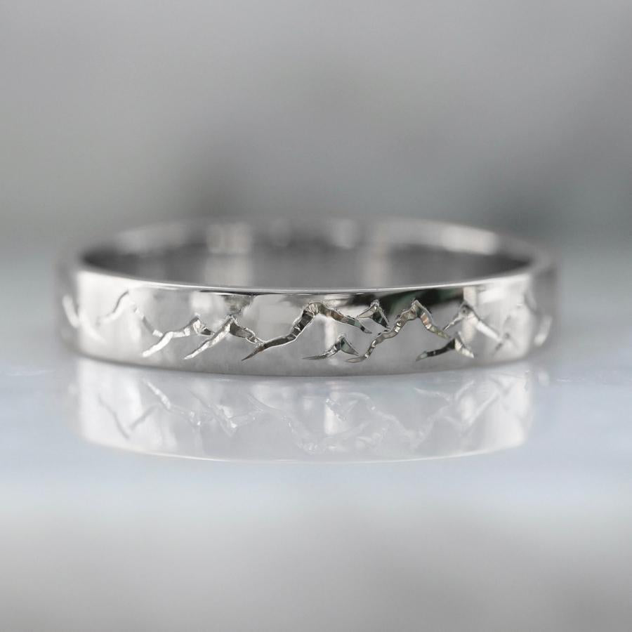 4mm Engraved Mountain Range White Gold Wedding Band