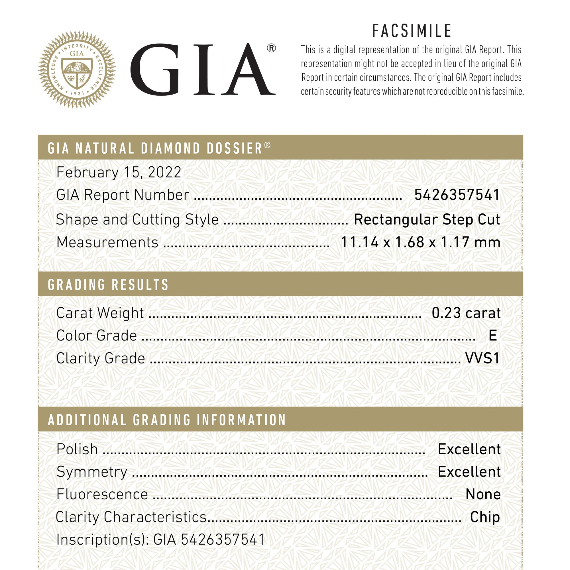 0.23ct 11.14x1.68x1.17mm GIA VVS1 E Baguette Step Cut 22450-01