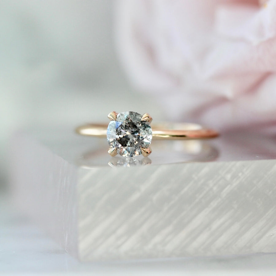 Stella .88 Carat Salt & Pepper Round Brilliant Cut Diamond Ring in Peach Gold