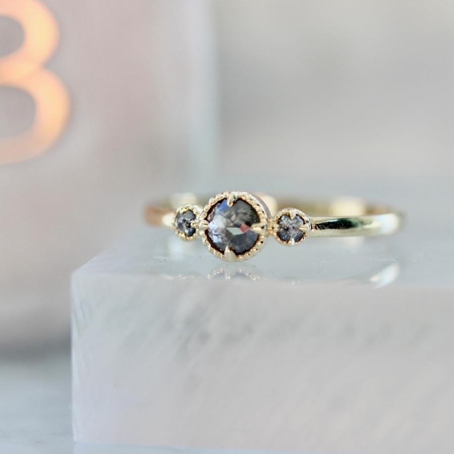 Phoenix Three Stone Salt & Pepper Round Rose Cut Diamond Ring