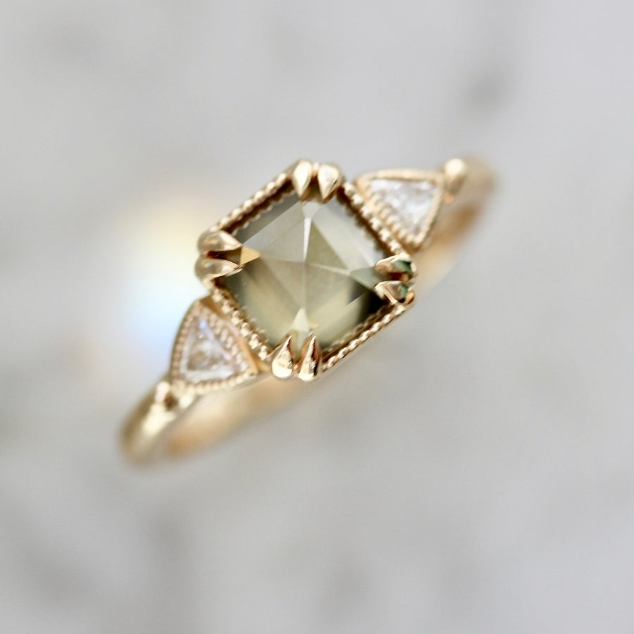 
            Goldfinch Yellow-Green Emerald Rose Cut Diamond Ring