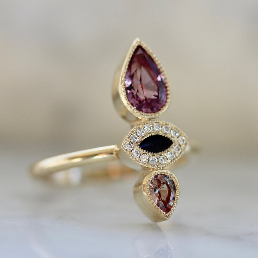 Foxglove Pink Sapphire and Diamond Enamel Ring in Yellow Gold
