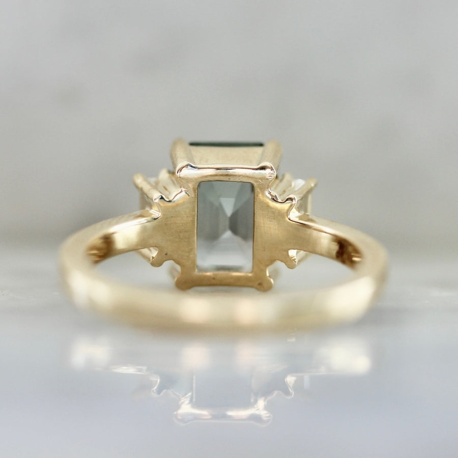 High Noon Green Color Change Emerald Cut Sapphire Ring