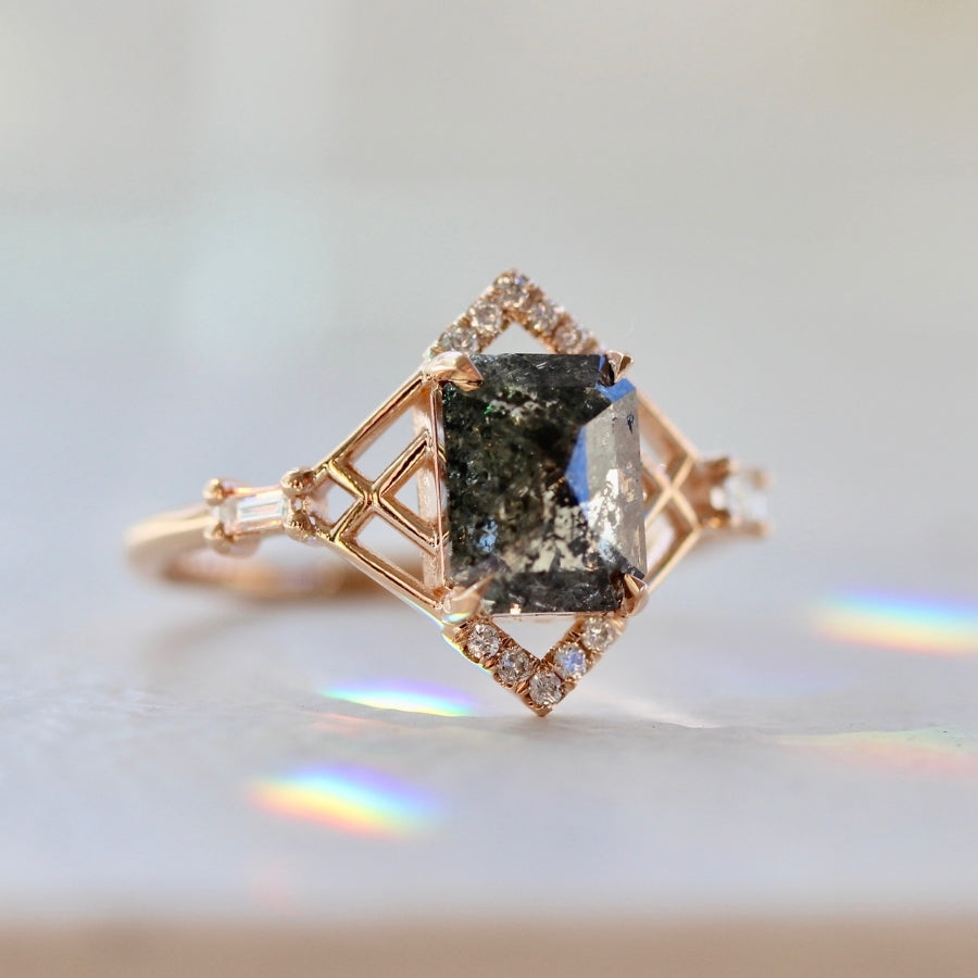 Euphoria Salt & Pepper Emerald Rose Cut Diamond Ring