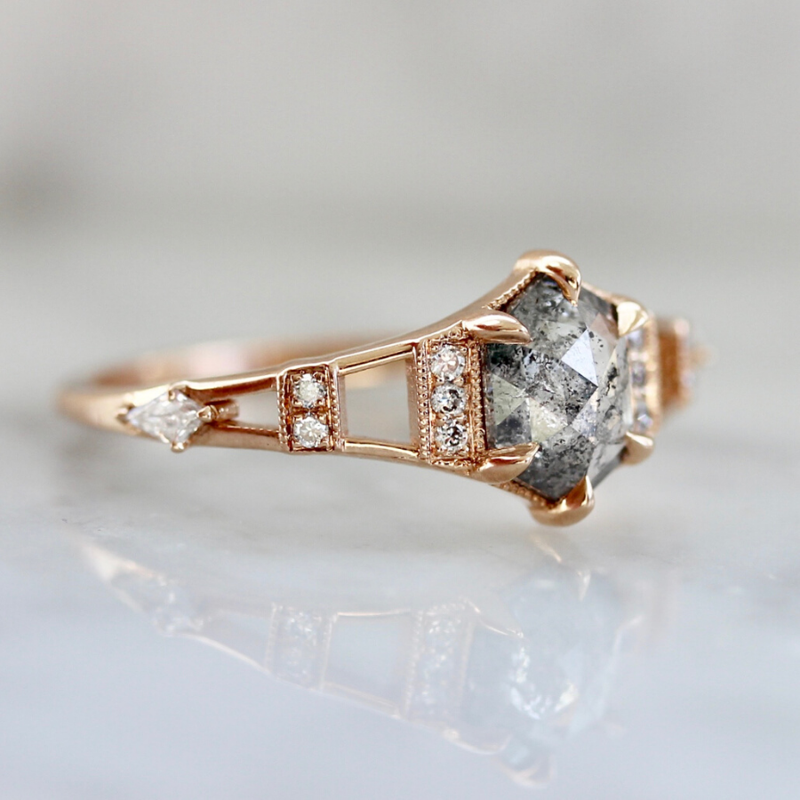 Calais Salt and Pepper Hexagon Rose Cut Diamond Ring
