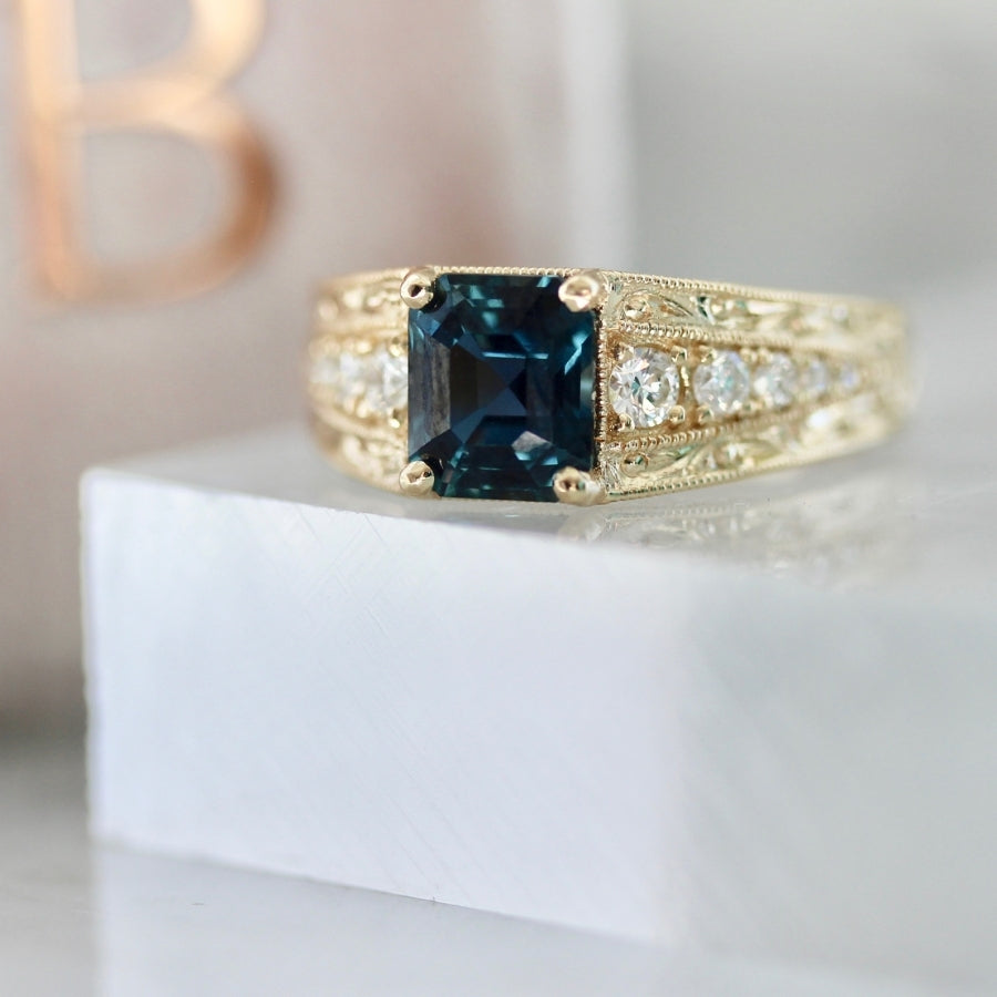 Ocean Side Purple-Teal Color Change Emerald Cut Sapphire Ring