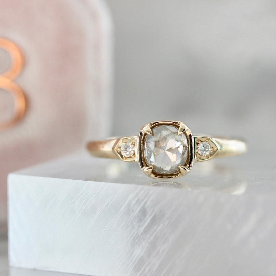 Evening Star Salt & Pepper Cushion Rose Cut Diamond Ring