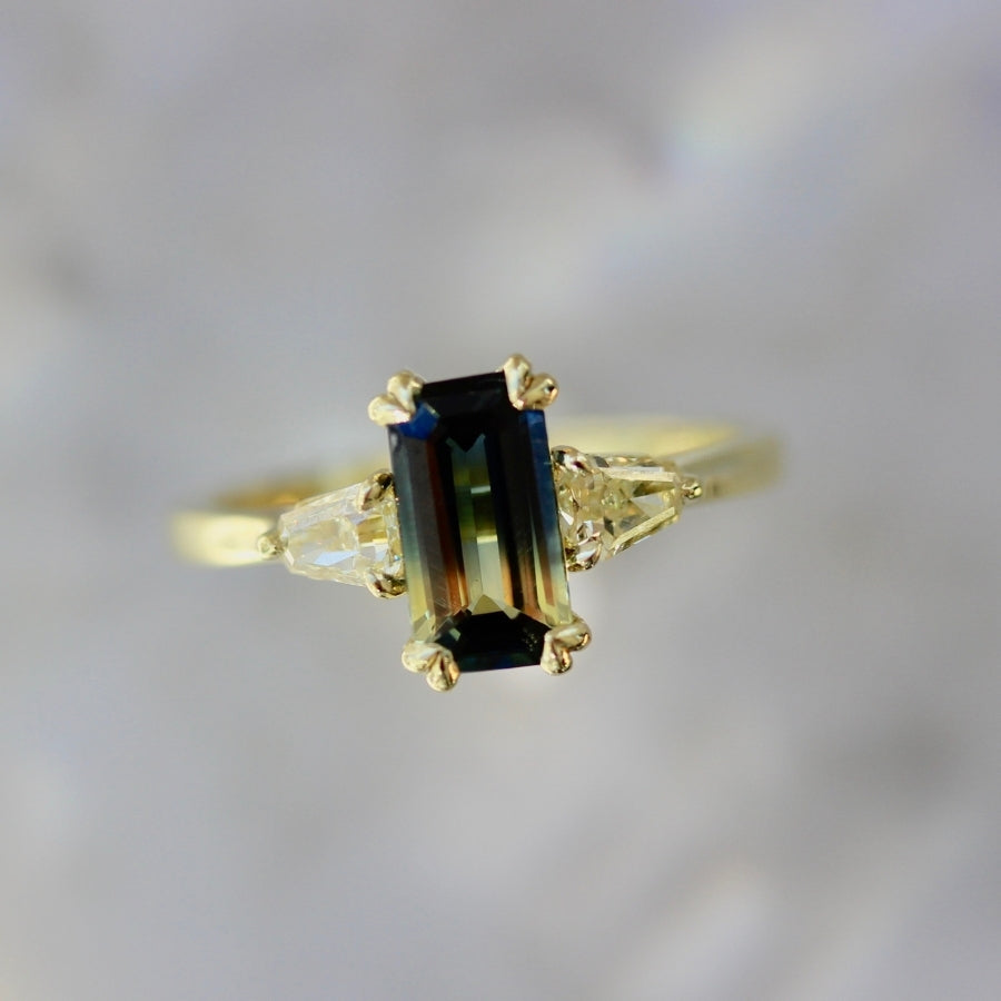Golden Slipper Bi-Color Green Emerald Cut Sapphire Ring