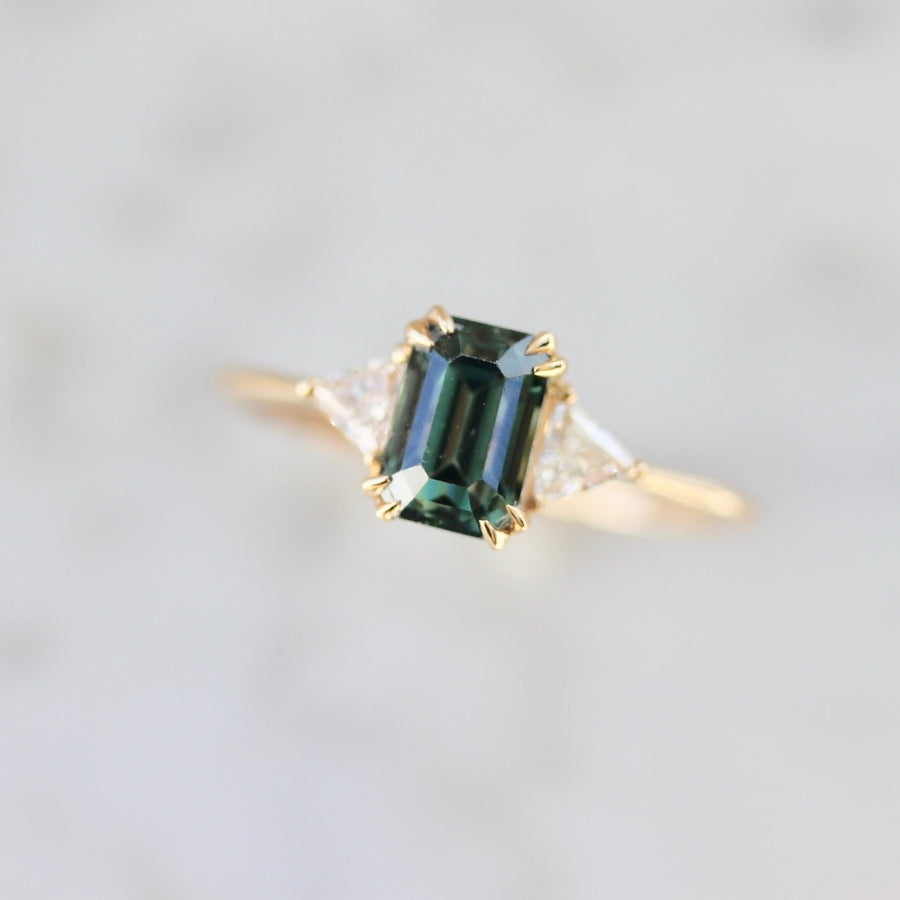 Pavlova Dark Teal Emerald Cut Sapphire & Diamond Ring