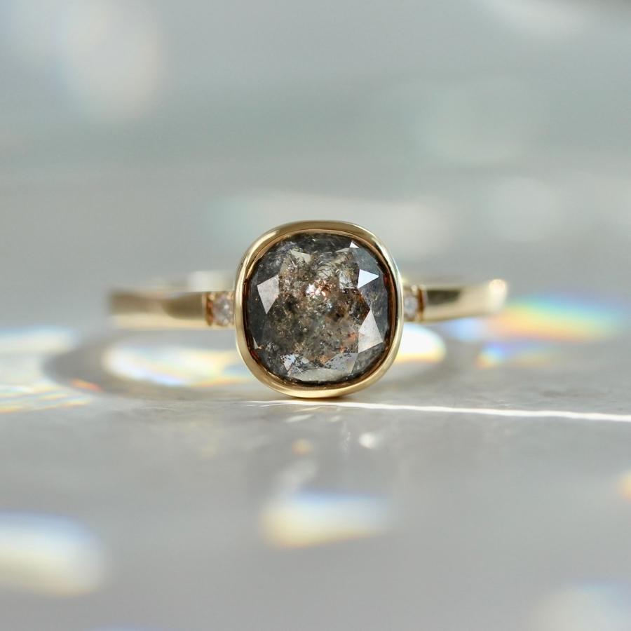Roulette Salt & Pepper Cushion Rose Cut Diamond Ring