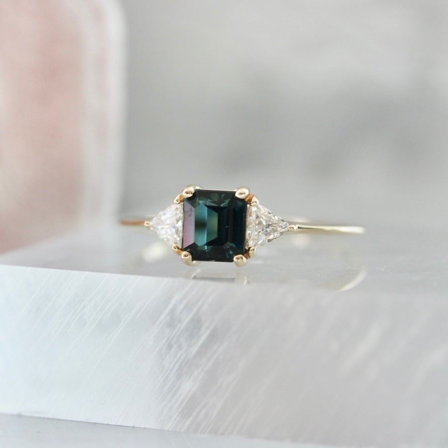 Icaria Blue-Green Emerald Cut Sapphire Ring