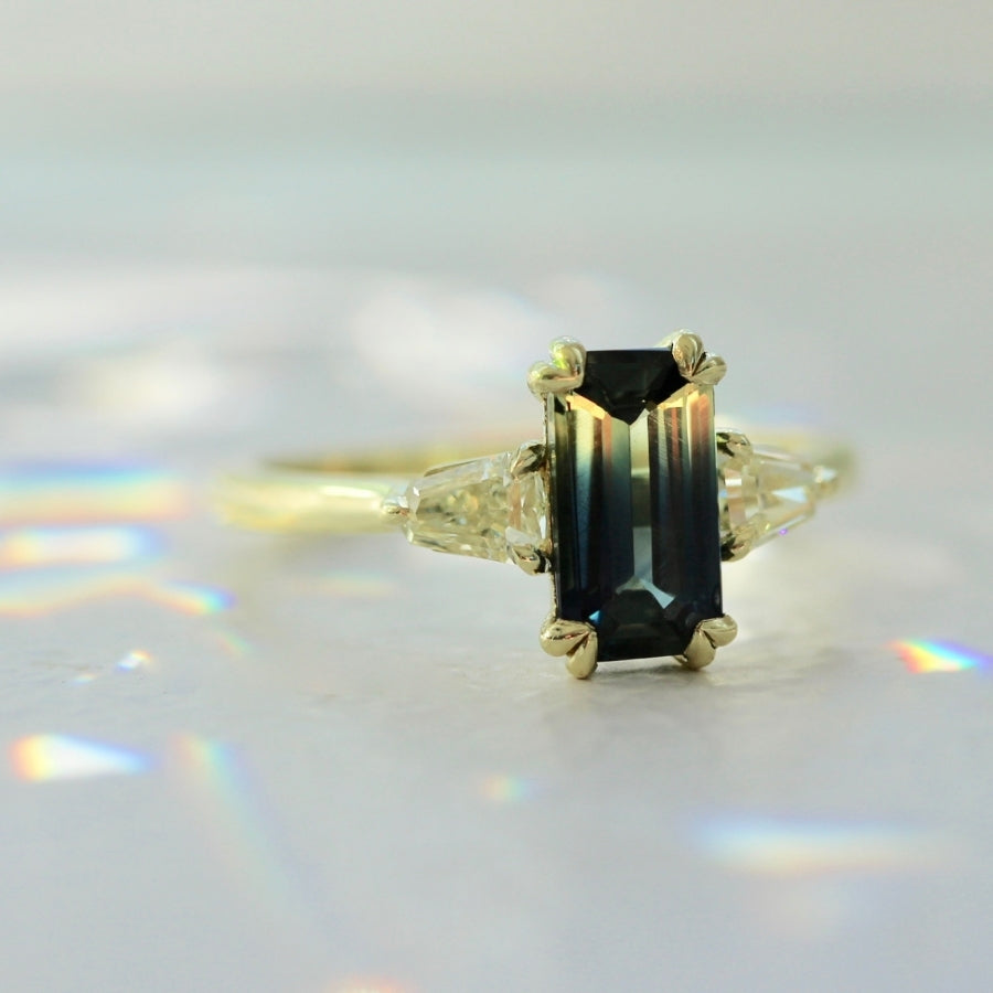 Golden Slipper Bi-Color Green Emerald Cut Sapphire Ring