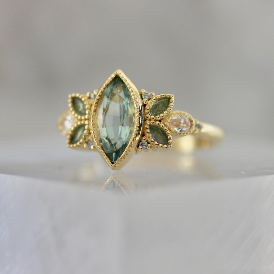 
            Eclair Pale Blue Marquise Cut Aquamarine and Diamond Ring