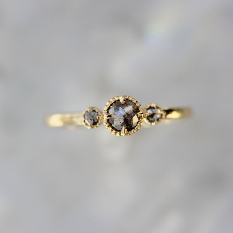 Phoenix Three Stone Salt & Pepper Round Rose Cut Diamond Ring