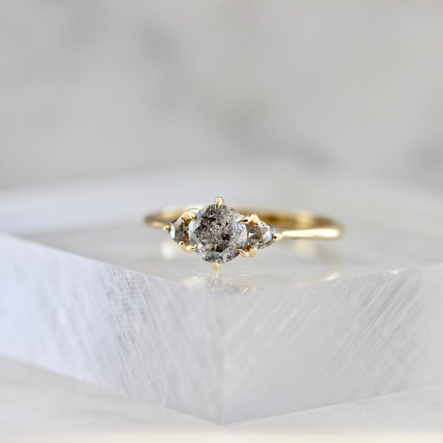 Vesper Three Stone Salt & Pepper Diamond Ring in Yellow Gold
