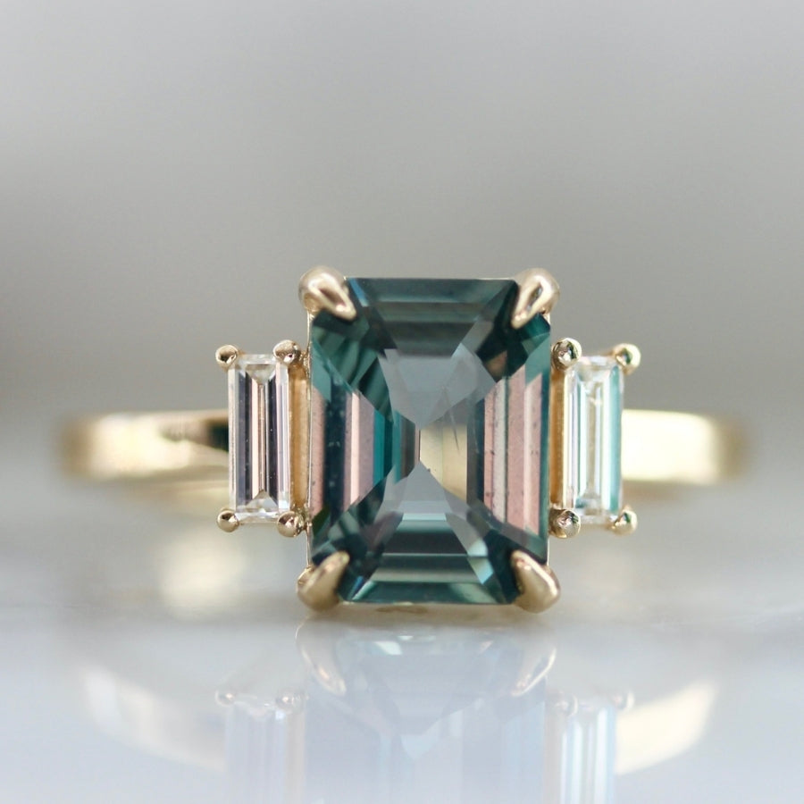High Noon Green Color Change Emerald Cut Sapphire Ring