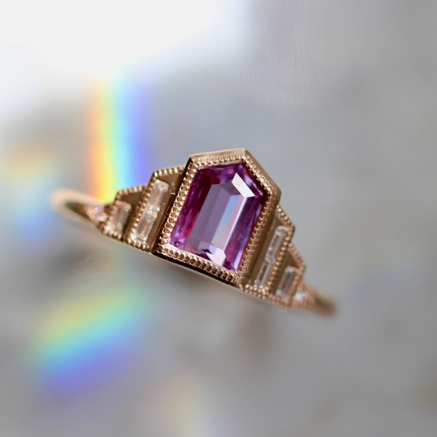 
            Party At My House Magenta Shield Cut Sapphire Ring