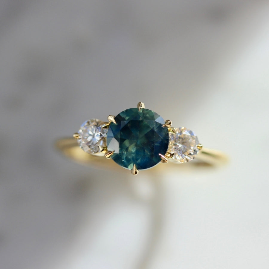 Watermelon Sugar Green Round Brilliant Cut Sapphire & Diamond Trilogy Ring