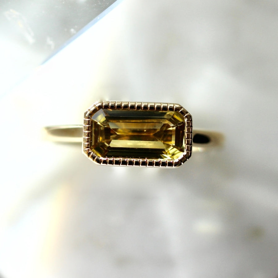 
            August Flame Yellow Emerald Cut Chrysoberyl Ring