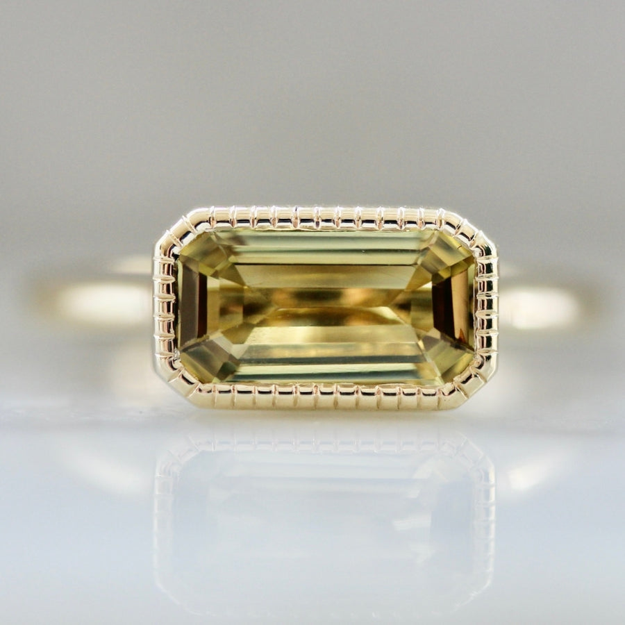 August Flame Yellow Emerald Cut Chrysoberyl Ring