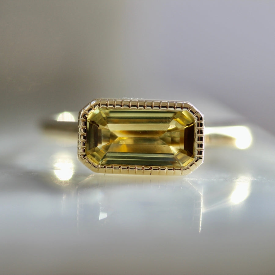 August Flame Yellow Emerald Cut Chrysoberyl Ring