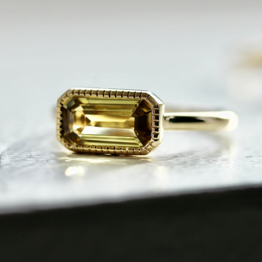 August Flame Yellow Emerald Cut Chrysoberyl Ring