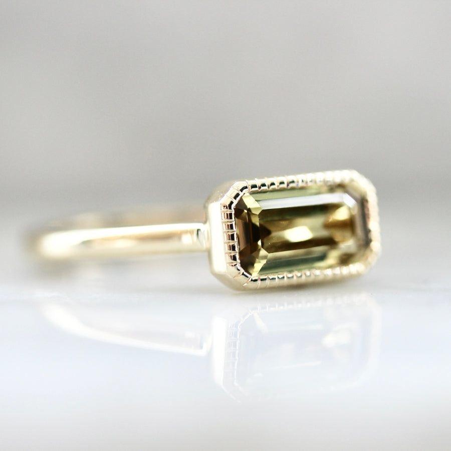 August Flame Yellow Emerald Cut Chrysoberyl Ring