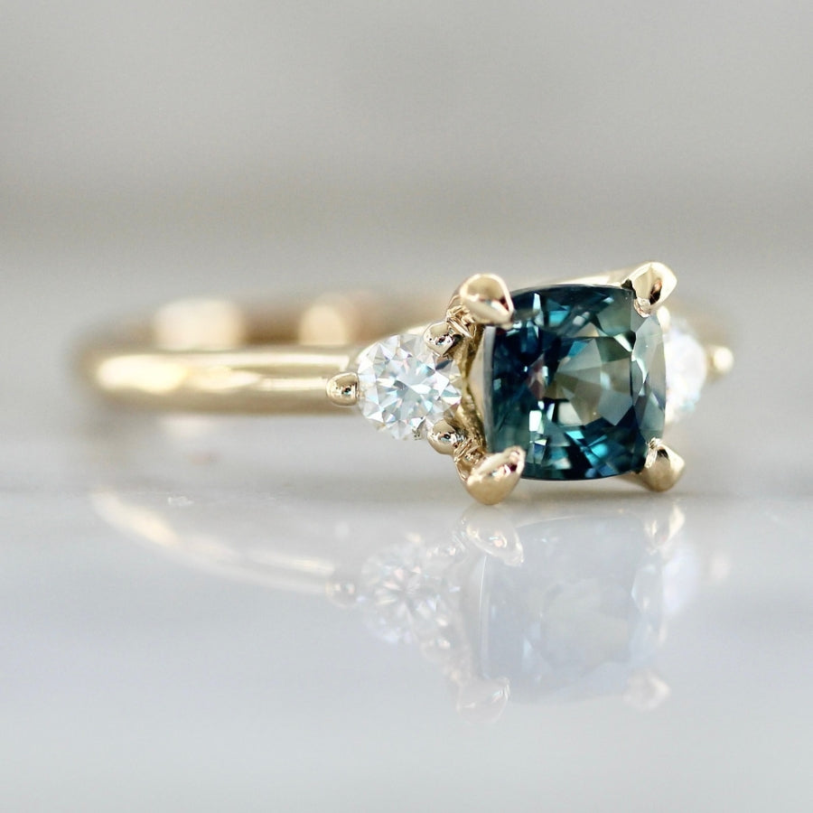 Bunny Slope Teal Cushion Cut Sapphire Ring