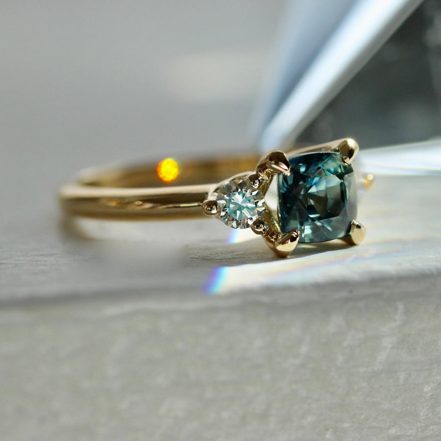 Bunny Slope Teal Cushion Cut Sapphire Ring
