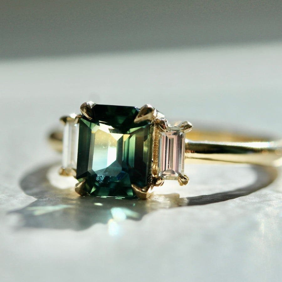 3 Ct. Three Stone Green Sapphire Ring with Antique Cushion Diamonds | Miss  Diamond Ring