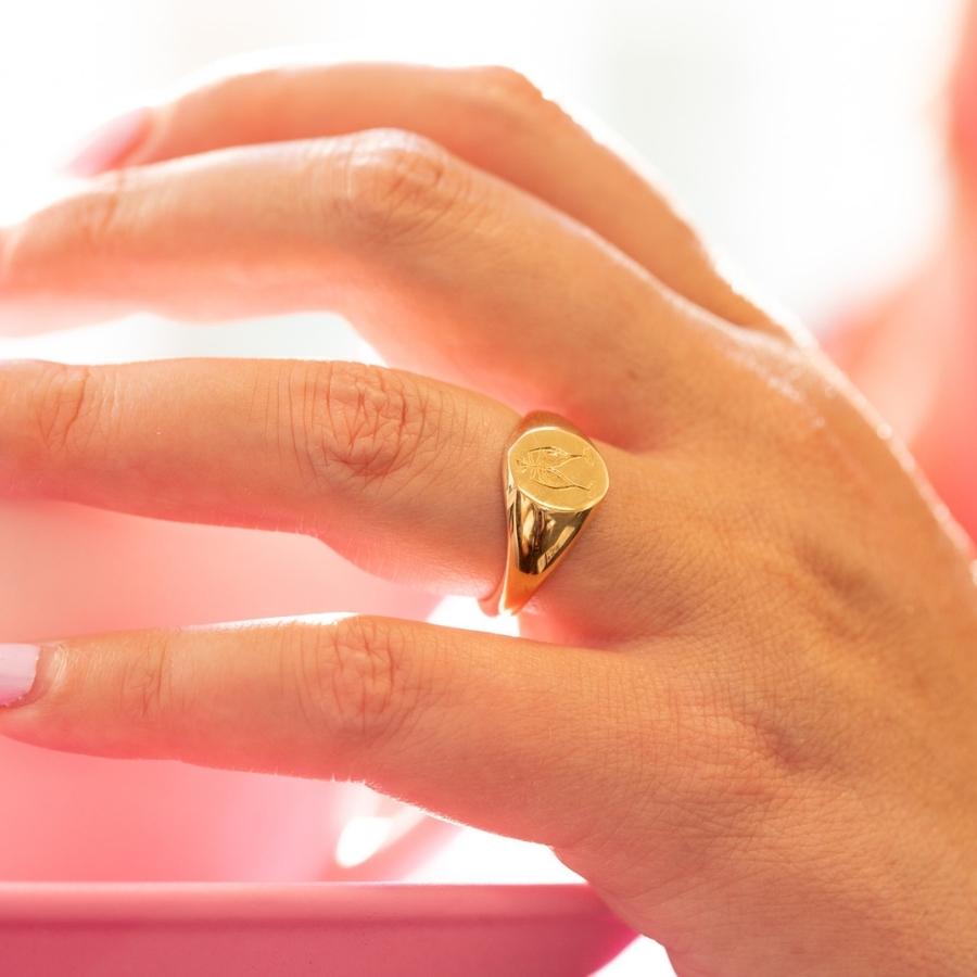 Champagne Glass Cheers Engraved Gold Signet Ring