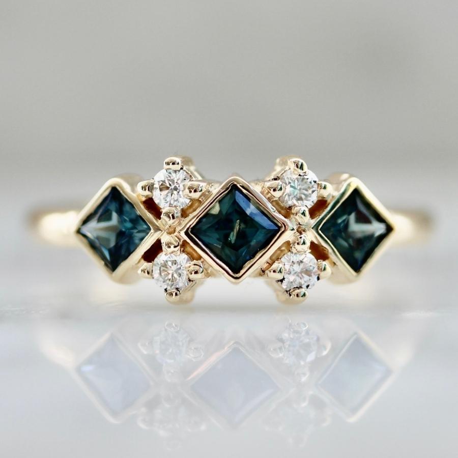 Double Dutch Blue-Green Princess Cut Sapphire & Diamond Ring