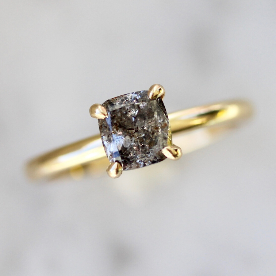 Raven Salt and Pepper Cushion Cut Solitaire Ring in Yellow Gold