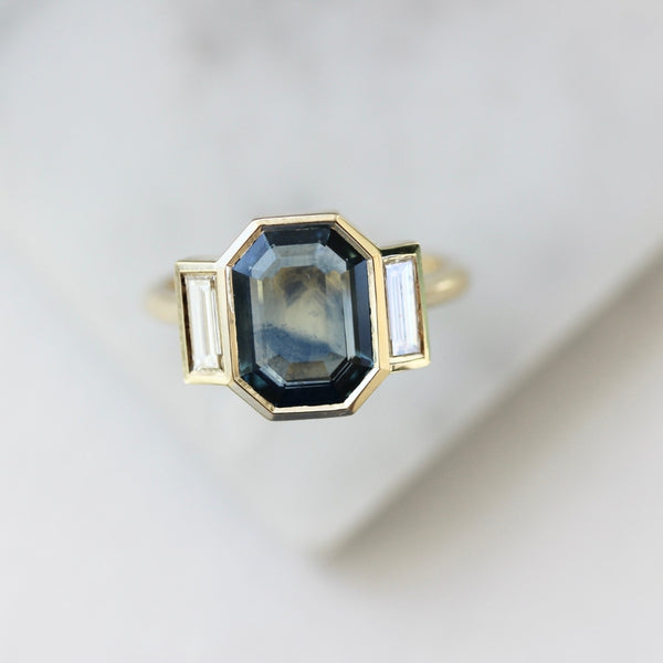 First Light Blue-Green Portrait Cut Sapphire Ring