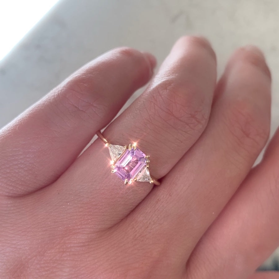 
            Pink Sugar Emerald Cut Sapphire &amp; Diamond Trillion Ring