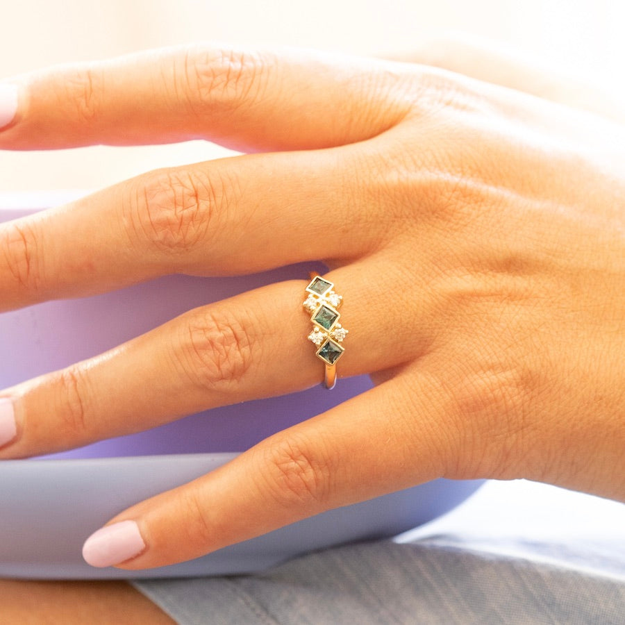 Double Dutch Blue-Green Princess Cut Sapphire & Diamond Ring