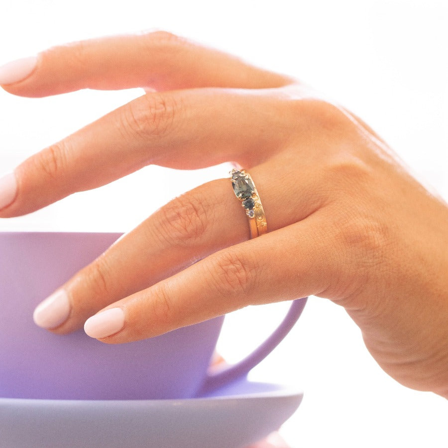 Victory Lap Teal Cushion Cut Sapphire Ring