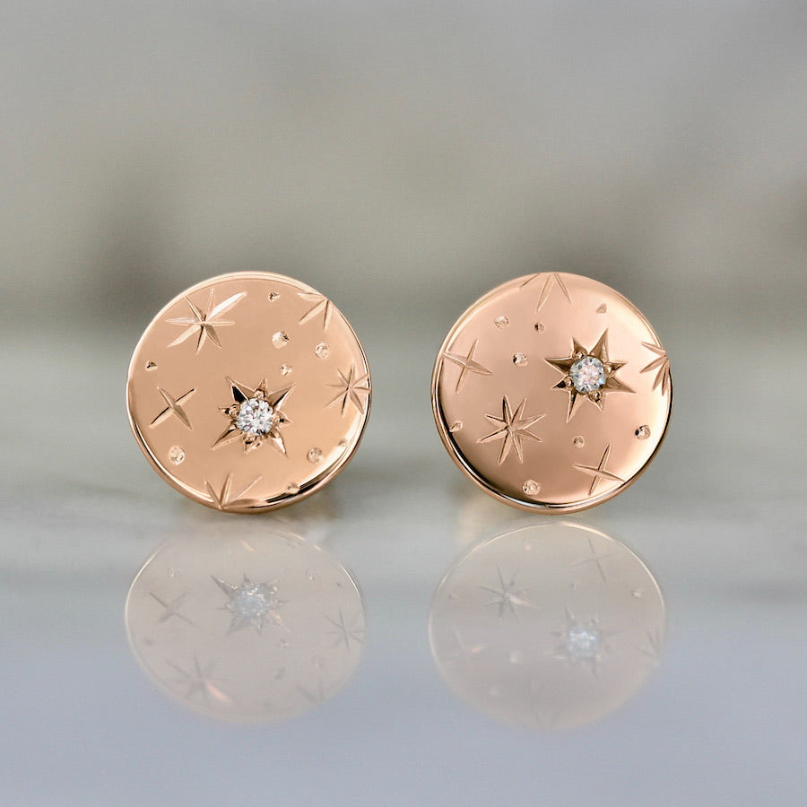 star engraved round diamond earrings